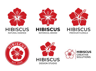 Set of 6 Red Hibiscus Botanical Logo Templates, Minimalist Tropical Flower Icons for Beauty, Wellness, and Organic Branding © Agus