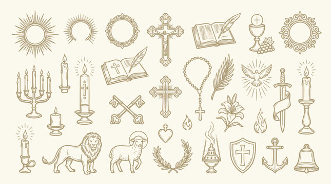 A collection of religious and symbolic icons, including crosses, candles, books, animals, and floral elements, rendered in a vintage, etched style.