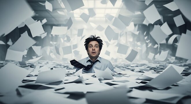Stressed Man Surrounded by Flying Papers in Office Scene