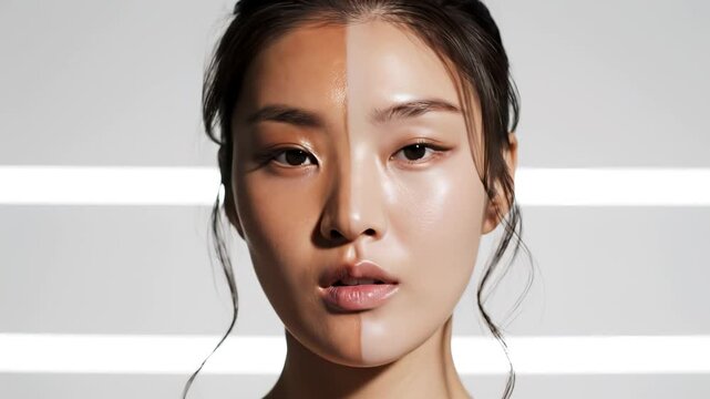 Woman with contrasting skin tones highlighting geometric patterns and contemporary art