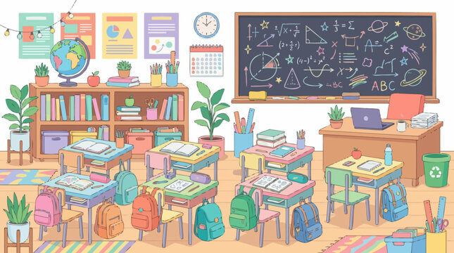 Classroom Interior with Desks and Supplies.
