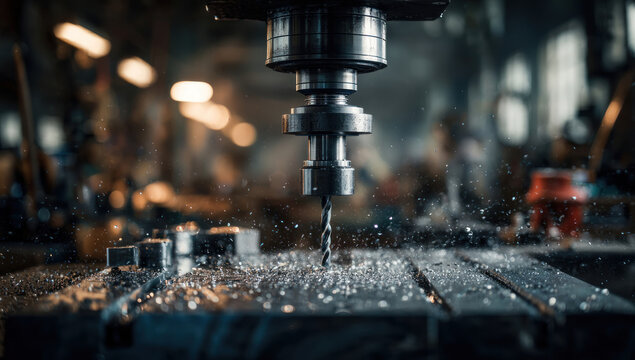 Industrial drill press machine in factory setting.