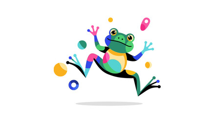 Fototapeta premium Colorful Cartoon Frog Jumping Joyfully with Bubbles.