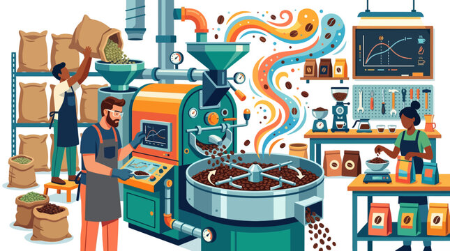 Coffee Roasting Process with Workers and Machinery.