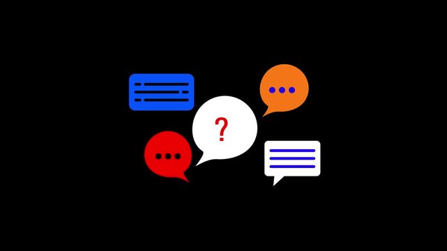 A collection of colorful flat speech bubbles and message with a question mark in a white bubble against a black background representing communication and inquiry