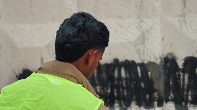 Rear view worker fixing concrete wall, south asian technician in neon vest applying primer with steady roller strokes, inspecting coverage and surface texture from standing position, calm methodical