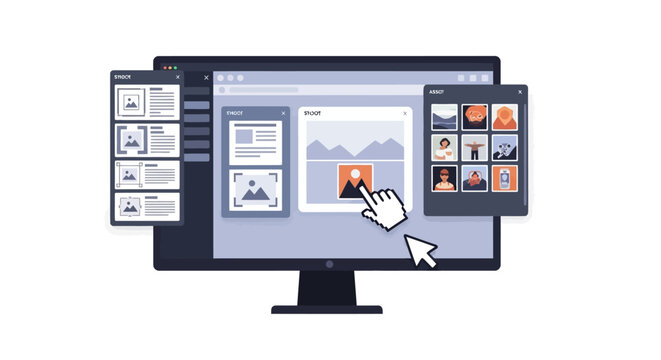 Computer screen displaying a user interface with multiple windows and a cursor.