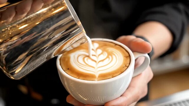 Barista Creating Professional Latte Art in a Cafe Setting.