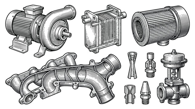 Collection of automotive engine parts and components.