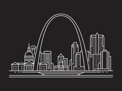 St. Louis Missouri Skyline Minimalist White Line Art Outline on Black Background Featuring Gateway Arch and City Landmarks