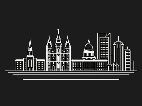 Salt Lake City Skyline Minimalist White Line Art on Black Background