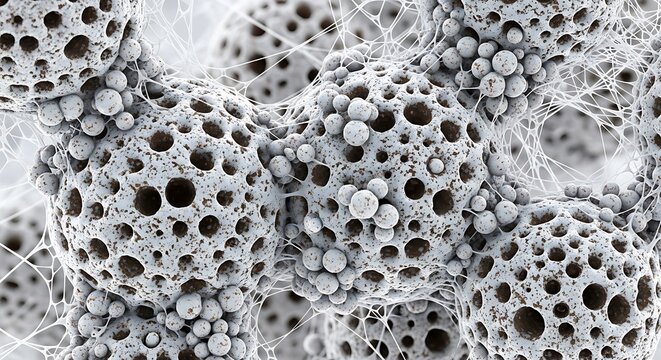 Porous bone tissue structures are captured in a detailed macro shot showing intricate cellular patterns and connecting fibers. Ideal for healthcare educational materials and medical journals.