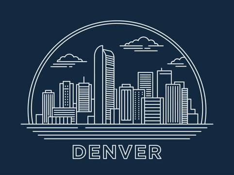 Denver Colorado Skyline Minimalist Line Art Illustration, Modern Cityscape Outline Vector on Dark Blue Background