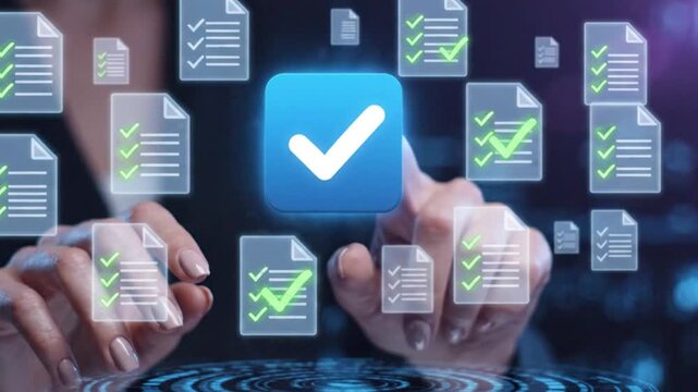 Digital document management and verification concept with a person interacting with a holographic interface showing multiple checkmark icons