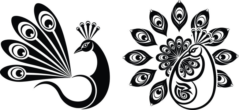 Stylized peacock illustration set with simple silhouette and ornate decorative design, elegant vector artwork for pattern, tattoo, and luxury artistic projects