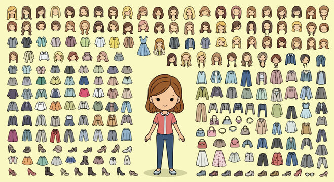 Kawaii character creator kit, cute girl avatar builder with diverse hairstyles and clothing, cartoon fashion paper doll set, vector dress up collection