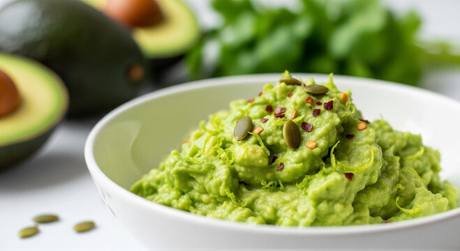 Fresh homemade guacamole in a white bowl topped with pumpkin seeds and chili flakes, with avocado halves and cilantro in the background