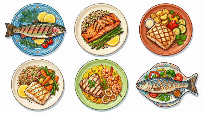 Set of Gourmet Grilled Fish and Seafood Dishes Illustrations Featuring Salmon Trout and White Fish with Healthy Sides Like Asparagus Rice and Fresh Vegetables