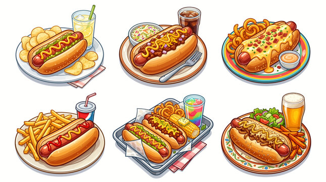 Collection of Six Delicious Hot Dog Meals with Various Toppings Sides and Drinks Including French Fries Potato Chips and Soda in a Clean Cartoon Vector Style