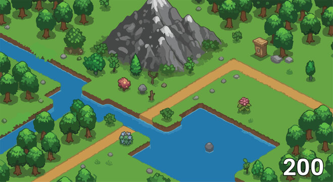 Isometric game world map with 200 elements, pixel art style nature landscape with river and mountain, cartoon forest environment vector illustration