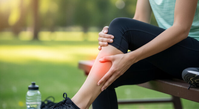 Closeup of a young woman sitting on a park bench and holding her painful leg due to a calf muscle injury or cramp during exercise