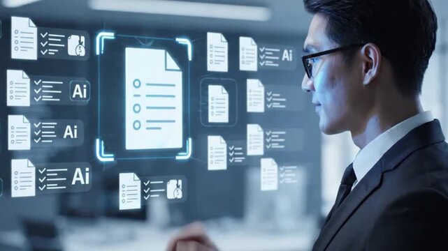 Businessman interacting with futuristic digital interface for aipowered document screening and candidate selection