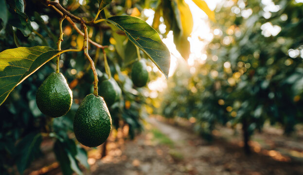 Avocados hanging from tree branches in orchard.