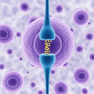 Detailed illustration of a synapse with neurotransmitters in the human brain