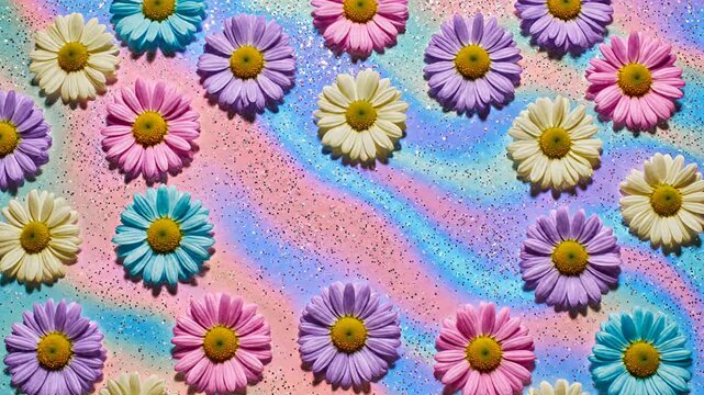 Vibrant colorful daisies on shimmering glitter pastel background flat lay