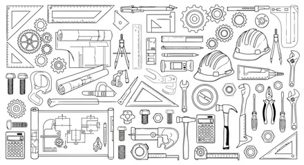 Obraz premium Flat design icons of construction and hardware tools in monochrome style.