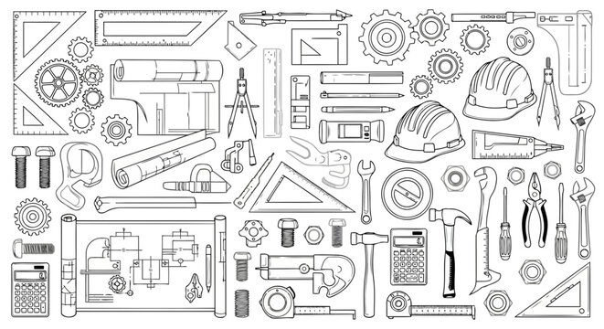 Flat design icons of construction and hardware tools in monochrome style.