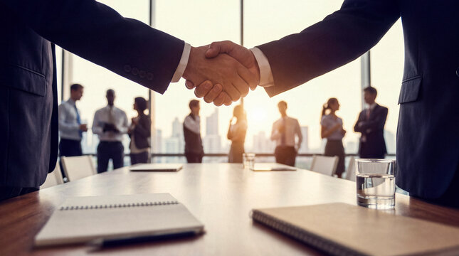 Businessmen shaking hands, sealing a deal in a modern office with colleagues celebrating success and partnership.