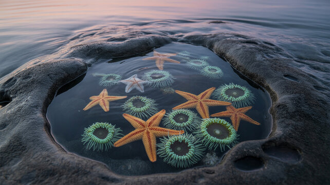 Macro Tidal Pool Dawn: Starfish & Anemones in Volcanic Rock