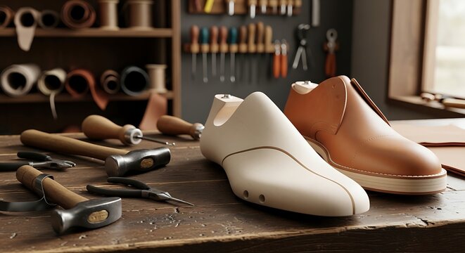 leather shoes on a workbench with shoemaking tools