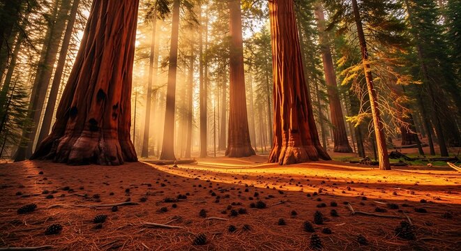 Golden sunrise in a misty forest with giant sequoia trees