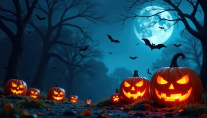 Fototapeta premium Spooky Halloween night scene Bats fly around carved pumpkins , jack-o-lantern, bats, darkness