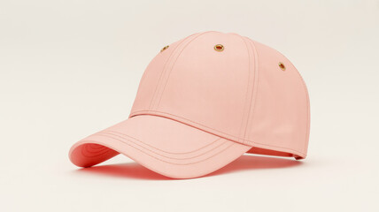 Fototapeta premium Soft pastel pink baseball cap features stylish metallic ventilation eyelets and structured fabric panels designed for comfortable casual everyday wear displayed neatly isolated on white background