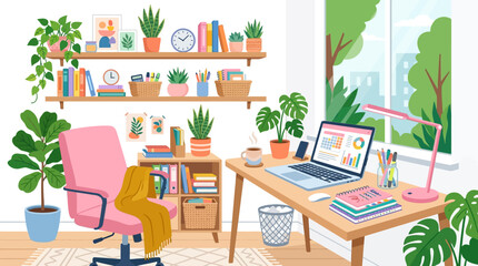 Fototapeta premium Cozy Home Office with Pink Chair and Laptop.