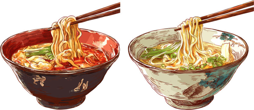 Two sets of watercolor bowls of noodles and chopsticks, simple flat vector illustration on white background.