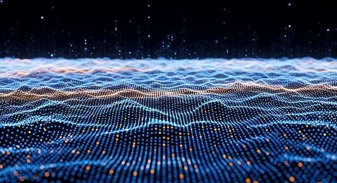 Digital particle wave flows through a dark landscape with sharp focus on glowing orange and blue nodes. This aesthetic is ideal for technology website headers and corporate presentations.