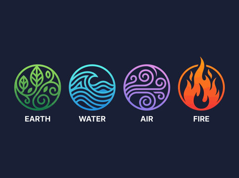 Four Classical Elements Vector Icons Set - Earth, Water, Air, and Fire Symbols in Minimalist Monoline Design with Gradients