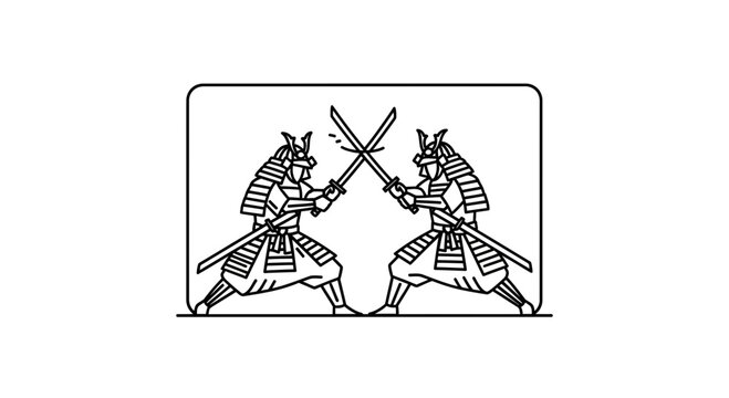 Samurai Warriors Clash Swords in Dynamic Line Art Illustration