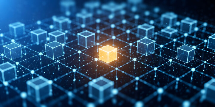 Glowing orange cube standing out in a blue network grid representing innovation leadership blockchain and unique data nodes
