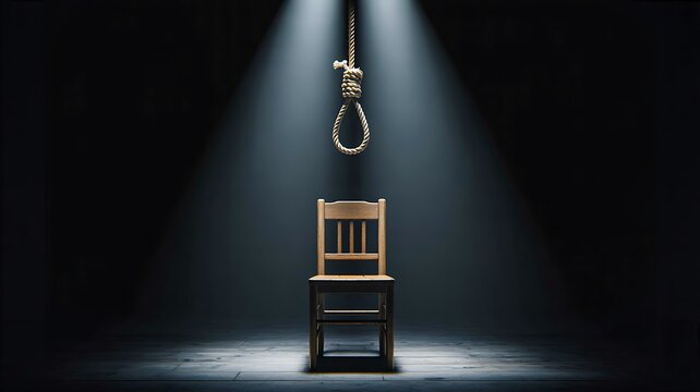 Empty chair under spotlight with hanging rope dramatic dark scene concept 