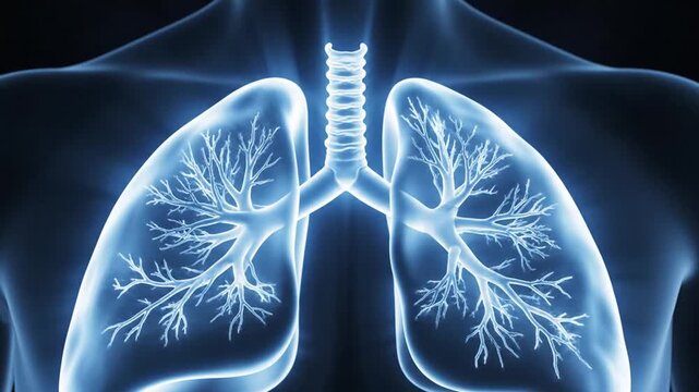 Close-up of a glowing blue human chest and shoulders, dark background, abstract medical concept.