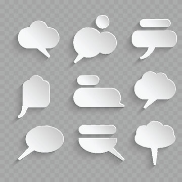 Realistic 3D Paper Cut Speech Bubble Set. Vector Blank White Chat Balloons and Thought Clouds with Shadow.