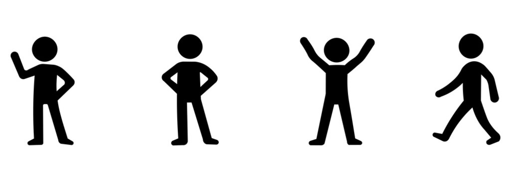Stickman casual pose icon set, simple human action figure icons, isolated minimalist people gestures collection