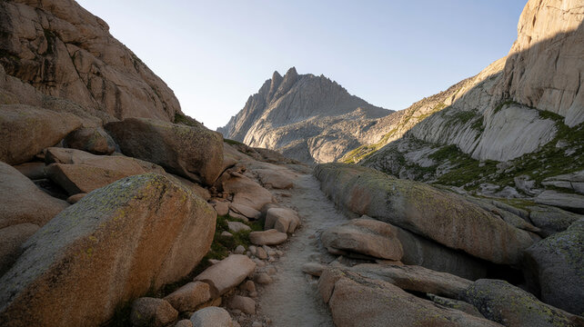 A Rocky Mountain Pass In The Late Afternoon, Golden Light Highlighting The Rough Textures Of The Granite Boulders,