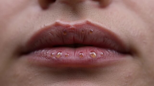 Medical close-up of herpes simplex outbreak on lip, small clustered fluid-filled blisters with slight redness, educational health awareness theme