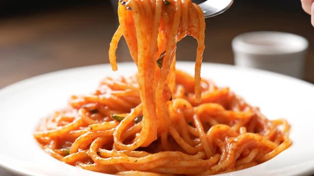 Spaghetti with tomato sauce on a white plate being served